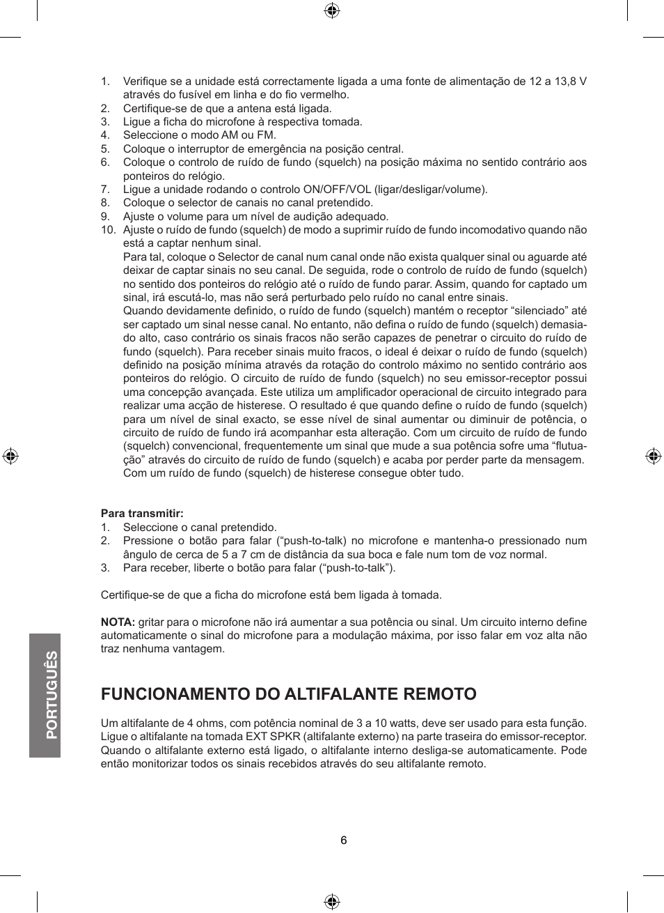 Funcionamento do altifalante remoto, Por tuguês | MIDLAND Alan 100 Plus B User Manual | Page 46 / 68
