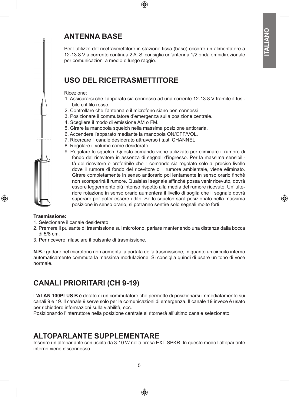 Antenna base, Uso del ricetrasmettitore, Canali prioritari (ch 9-19) | Altoparlante supplementare | MIDLAND Alan 100 Plus B User Manual | Page 5 / 68