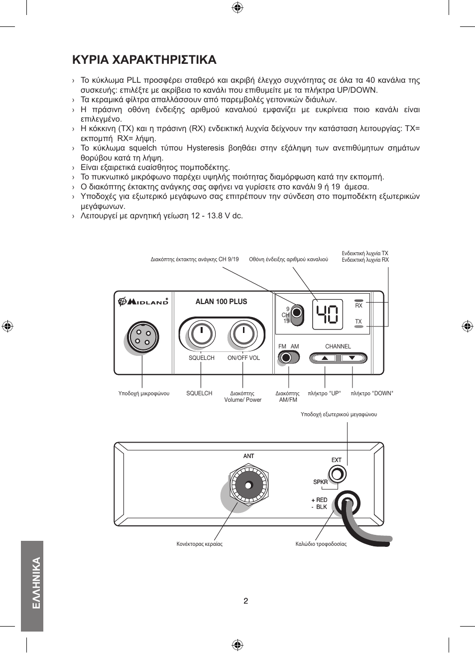 Κυριά χάράκτηριστικά, Ελληνικά | MIDLAND Alan 100 Plus B User Manual | Page 50 / 68