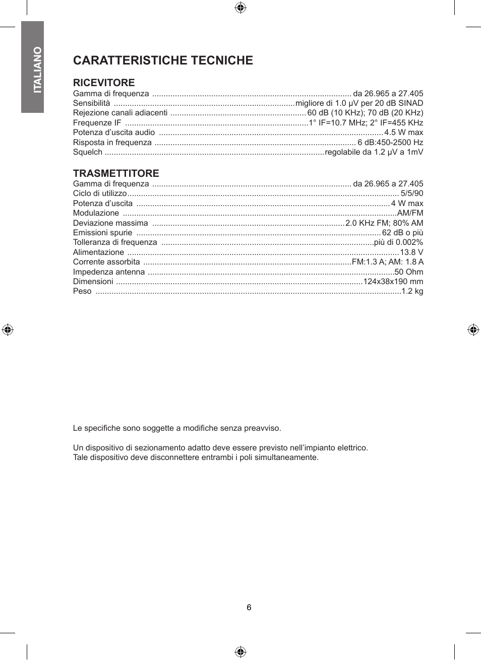 Caratteristiche tecniche | MIDLAND Alan 100 Plus B User Manual | Page 6 / 68