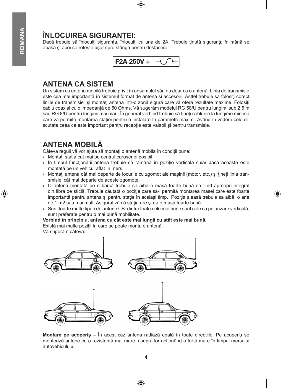Înlocuirea siguranţei, Antena ca sistem, Antena mobilă | F2a 250v | MIDLAND Alan 100 Plus B User Manual | Page 60 / 68
