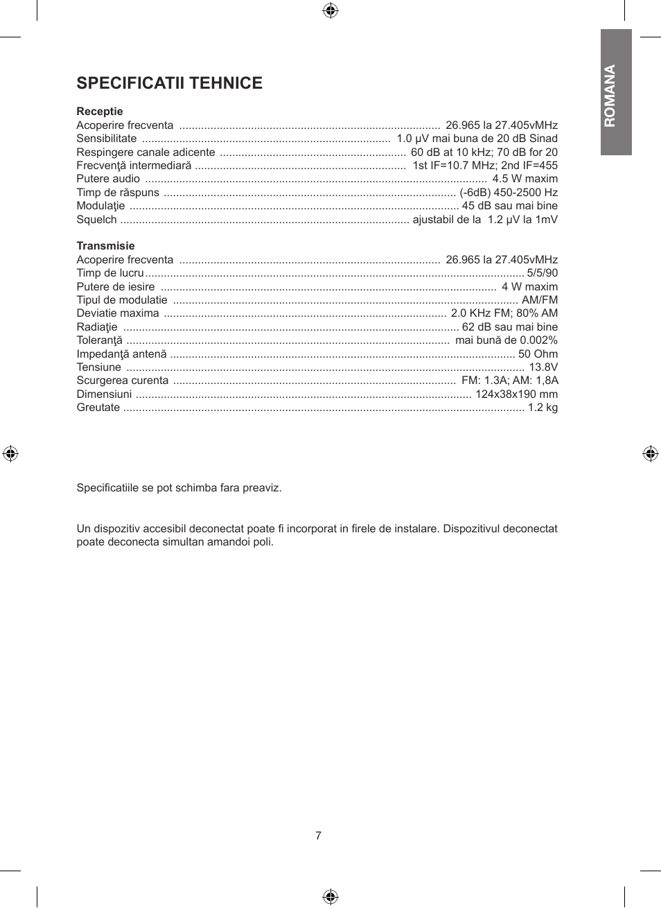 Specificatii tehnice, Romana | MIDLAND Alan 100 Plus B User Manual | Page 63 / 68