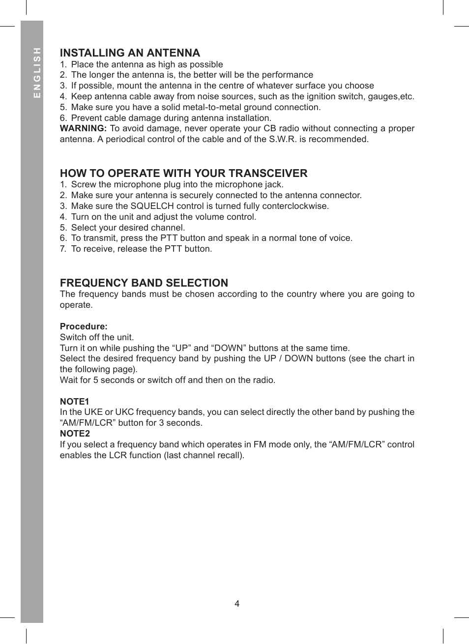 Installing an antenna, How to operate with your transceiver, Frequency band selection | MIDLAND Alan 121 User Manual | Page 10 / 48