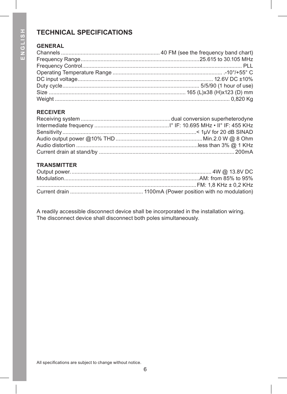 Technical specifications | MIDLAND Alan 121 User Manual | Page 12 / 48