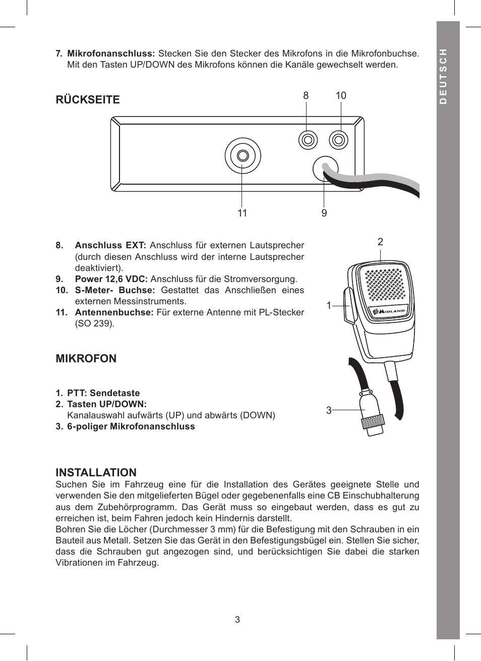 Rückseite, Mikrofon, Installation | MIDLAND Alan 121 User Manual | Page 15 / 48