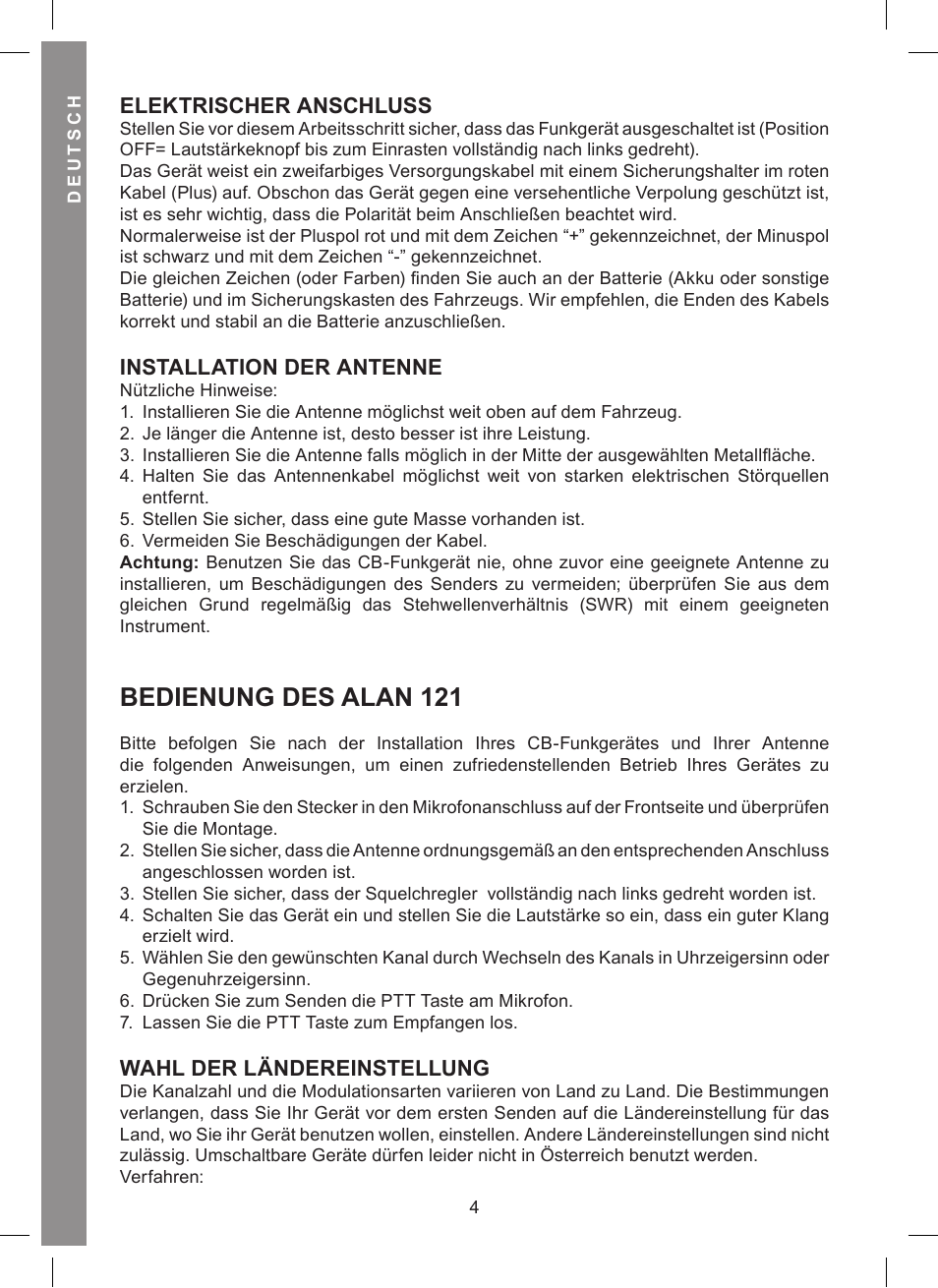 Bedienung des alan 121, Elektrischer anschluss, Installation der antenne | Wahl der ländereinstellung | MIDLAND Alan 121 User Manual | Page 16 / 48