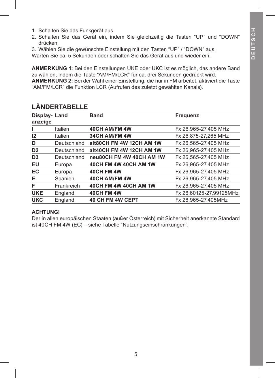 Ländertabelle | MIDLAND Alan 121 User Manual | Page 17 / 48