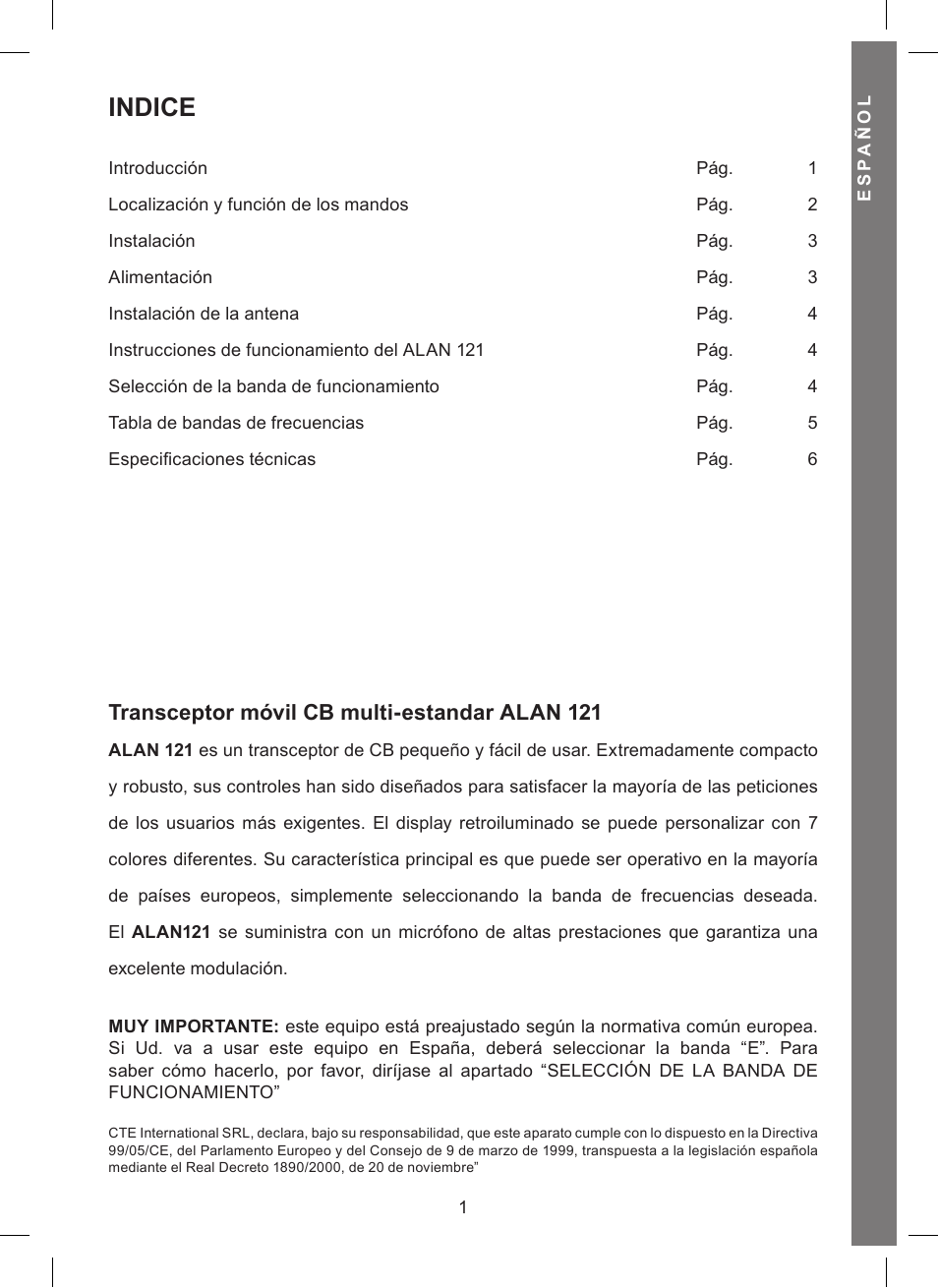 Indice, Transceptor móvil cb multi-estandar alan 121 | MIDLAND Alan 121 User Manual | Page 19 / 48