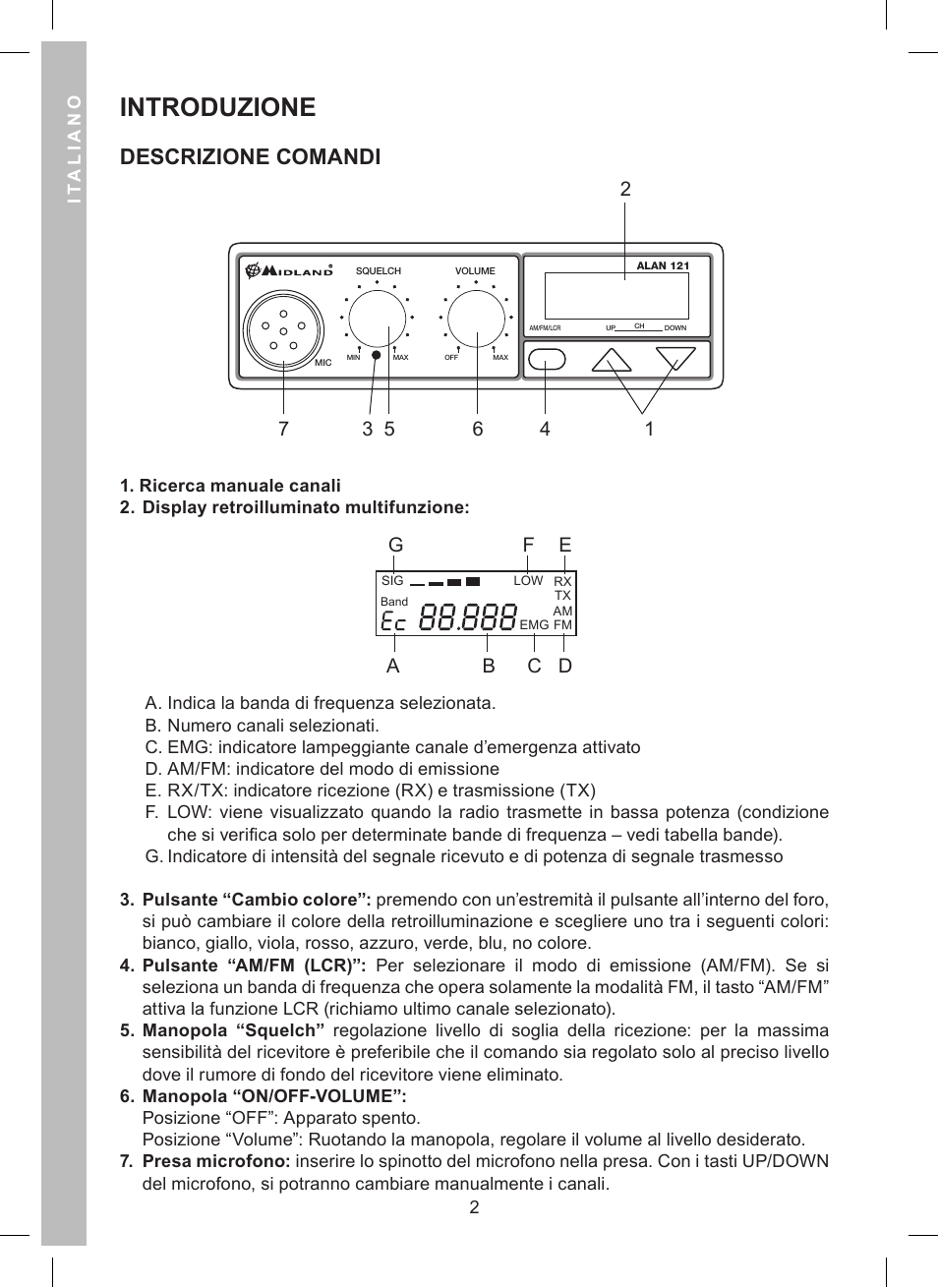 Introduzione, Descrizione comandi | MIDLAND Alan 121 User Manual | Page 2 / 48