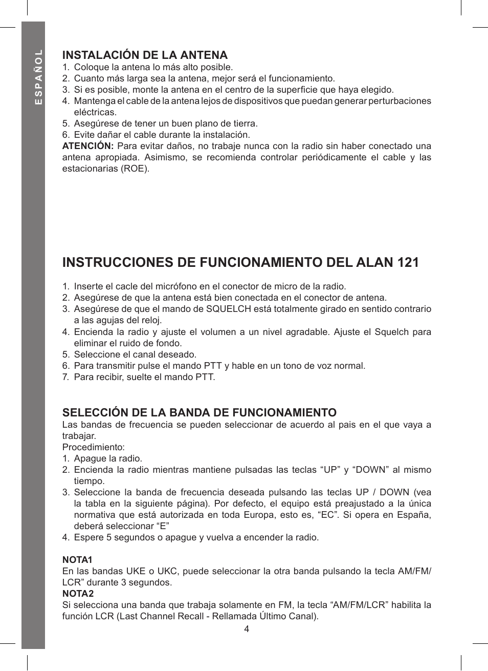 Instrucciones de funcionamiento del alan 121, Instalación de la antena, Selección de la banda de funcionamiento | MIDLAND Alan 121 User Manual | Page 22 / 48