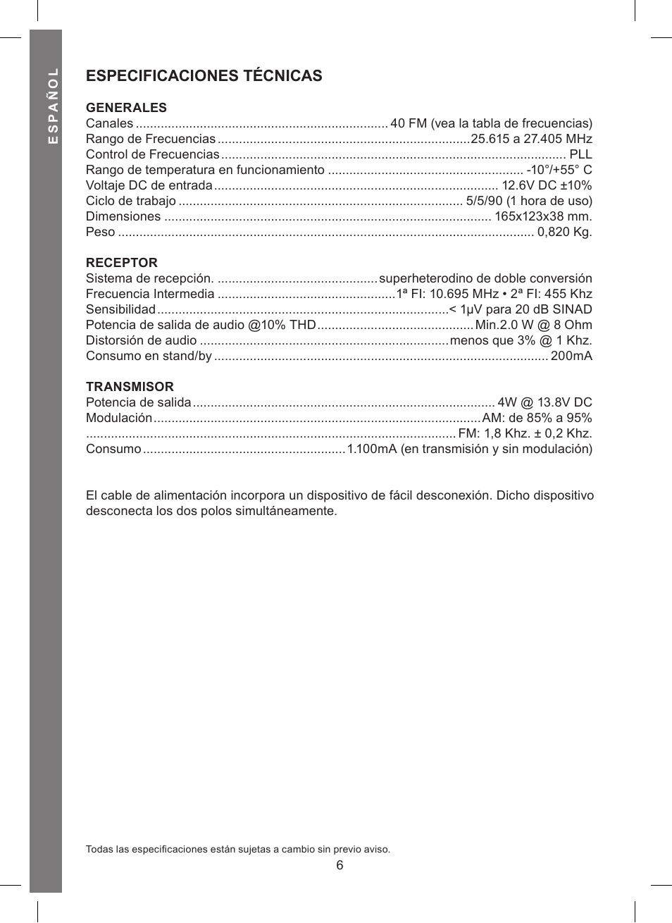 Especificaciones técnicas | MIDLAND Alan 121 User Manual | Page 24 / 48