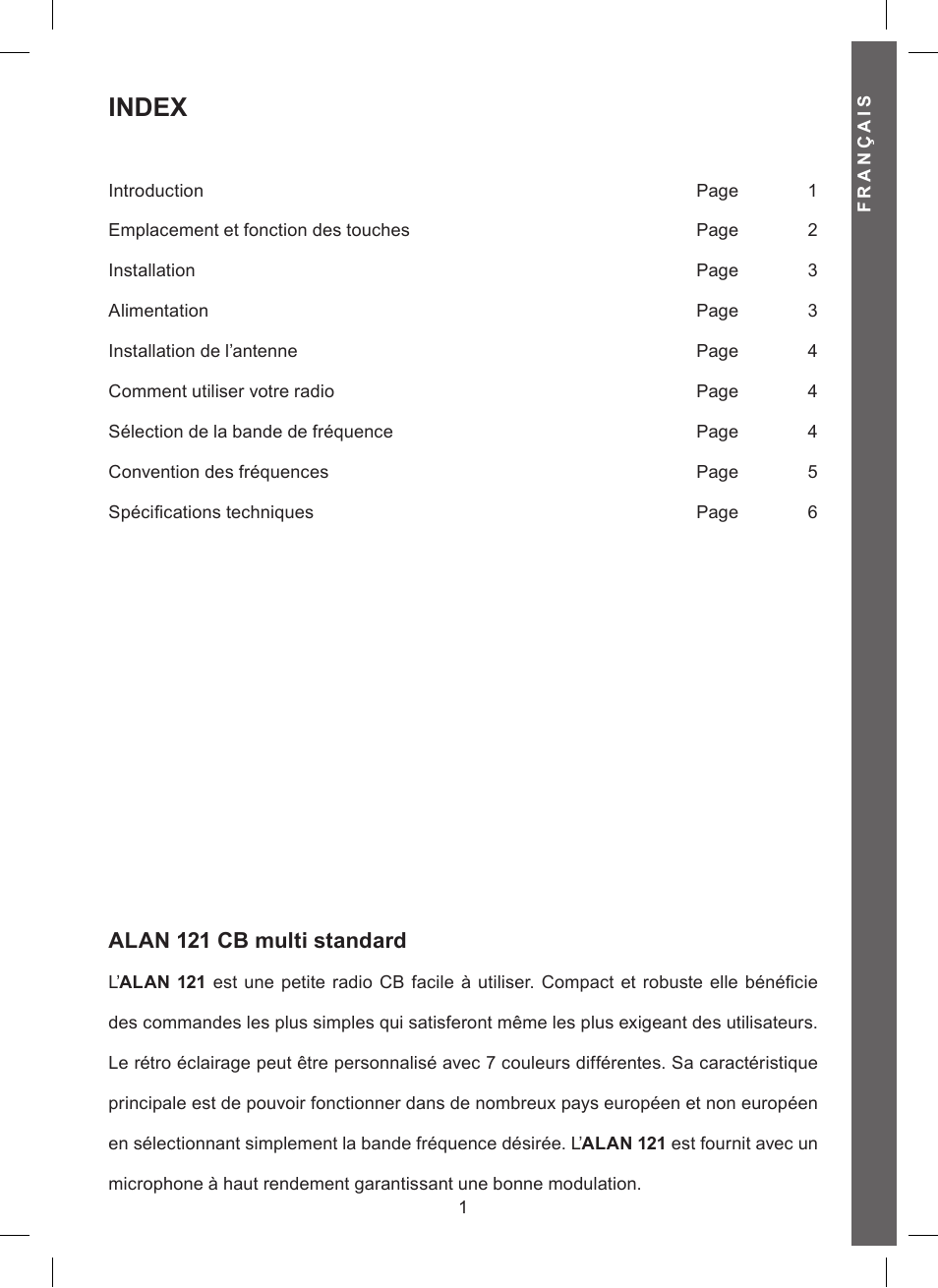 Index, Alan 121 cb multi standard | MIDLAND Alan 121 User Manual | Page 25 / 48