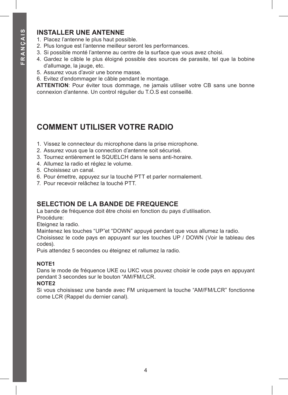 Comment utiliser votre radio, Installer une antenne, Selection de la bande de frequence | MIDLAND Alan 121 User Manual | Page 28 / 48