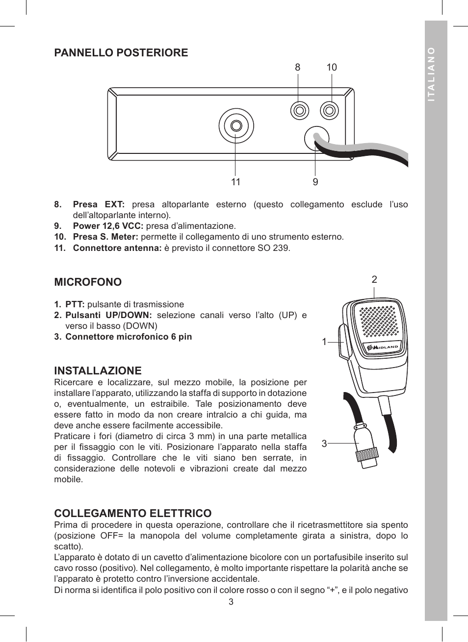 Pannello posteriore, Microfono, Installazione | Collegamento elettrico | MIDLAND Alan 121 User Manual | Page 3 / 48