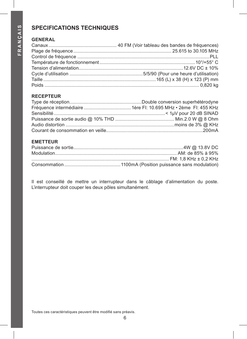 Specifications techniques | MIDLAND Alan 121 User Manual | Page 30 / 48