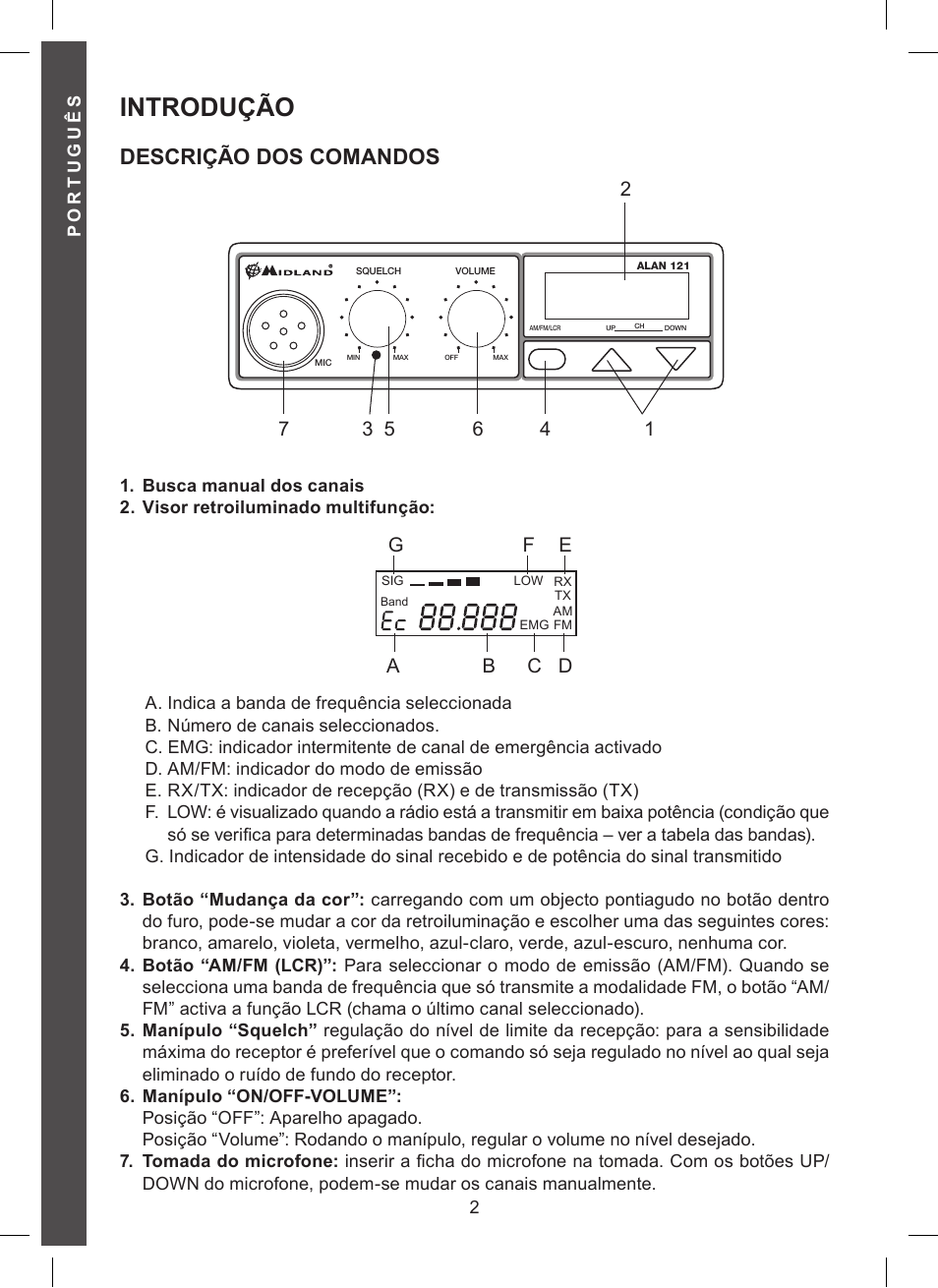 Introdução, Descrição dos comandos | MIDLAND Alan 121 User Manual | Page 32 / 48