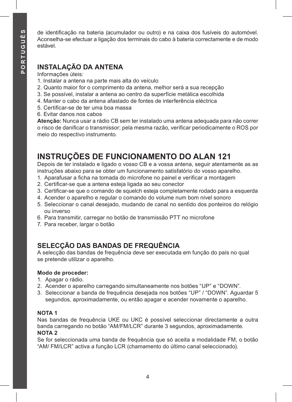 Instruções de funcionamento do alan 121, Instalação da antena, Selecção das bandas de frequência | MIDLAND Alan 121 User Manual | Page 34 / 48