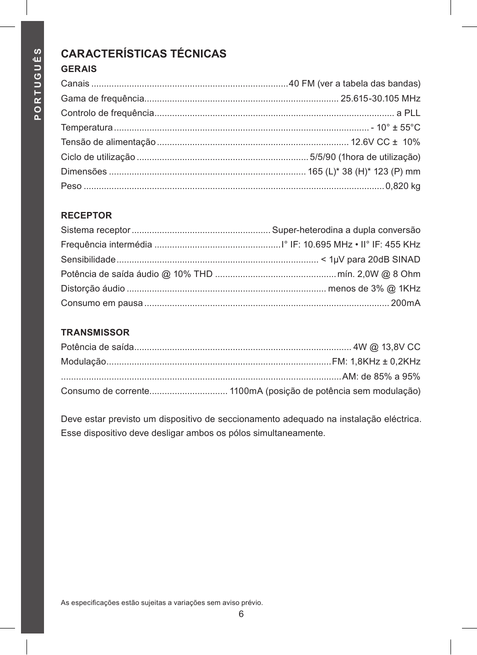 Características técnicas | MIDLAND Alan 121 User Manual | Page 36 / 48