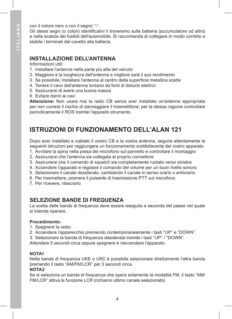 Istruzioni di funzionamento dell’alan 121, Installazione dell’antenna, Selezione bande di frequenza | MIDLAND Alan 121 User Manual | Page 4 / 48