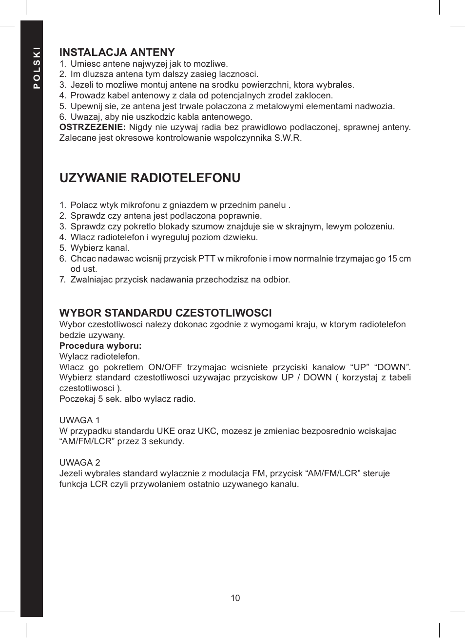 Uzywanie radiotelefonu, Instalacja anteny, Wybor standardu czestotliwosci | MIDLAND Alan 121 User Manual | Page 46 / 48