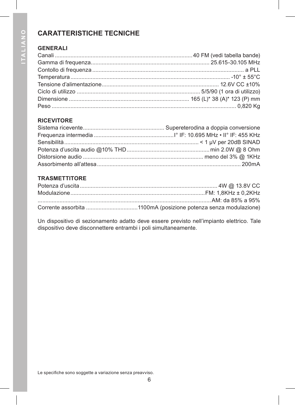 Caratteristiche tecniche | MIDLAND Alan 121 User Manual | Page 6 / 48