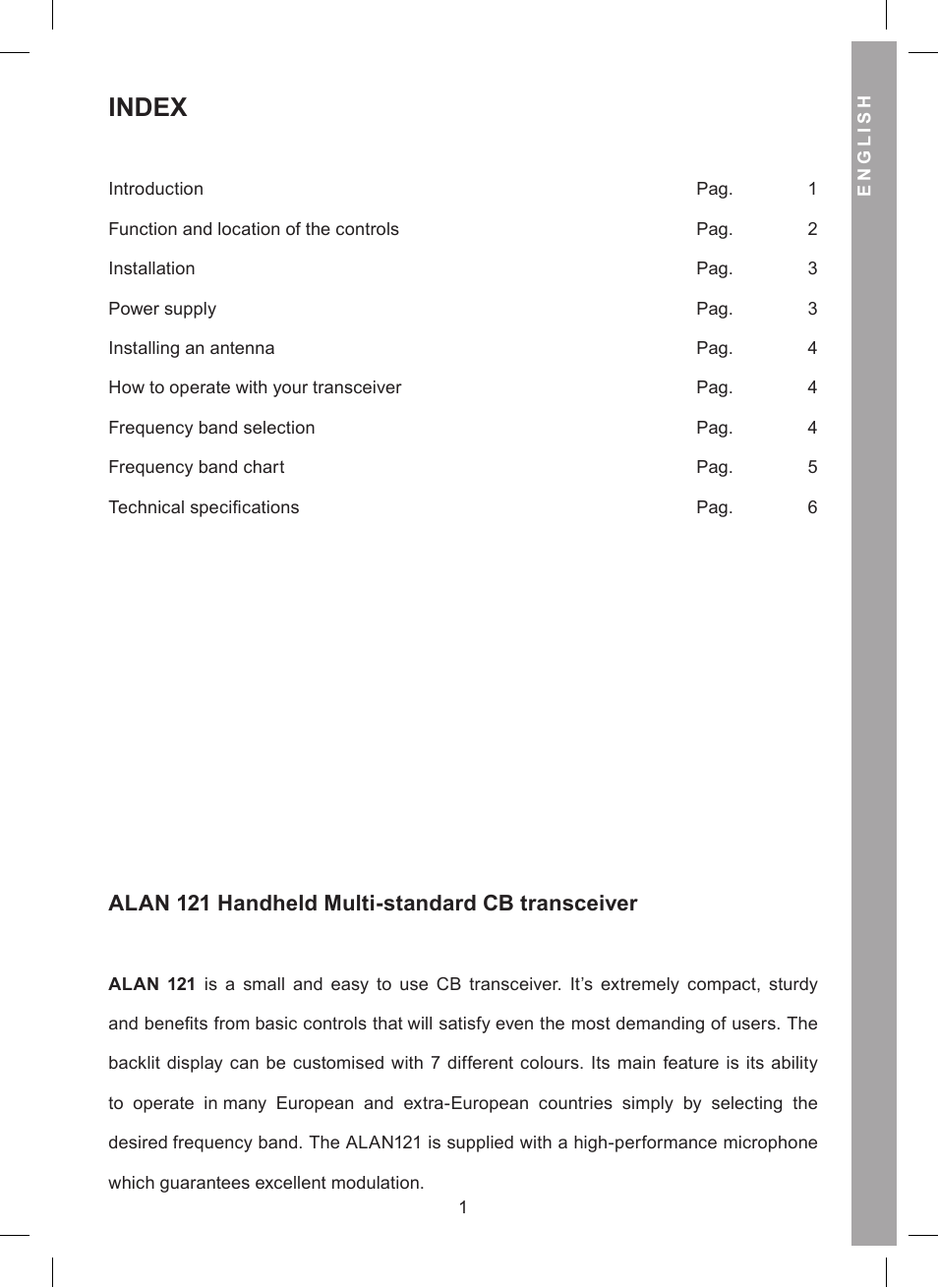 Index, Alan 121 handheld multi-standard cb transceiver | MIDLAND Alan 121 User Manual | Page 7 / 48