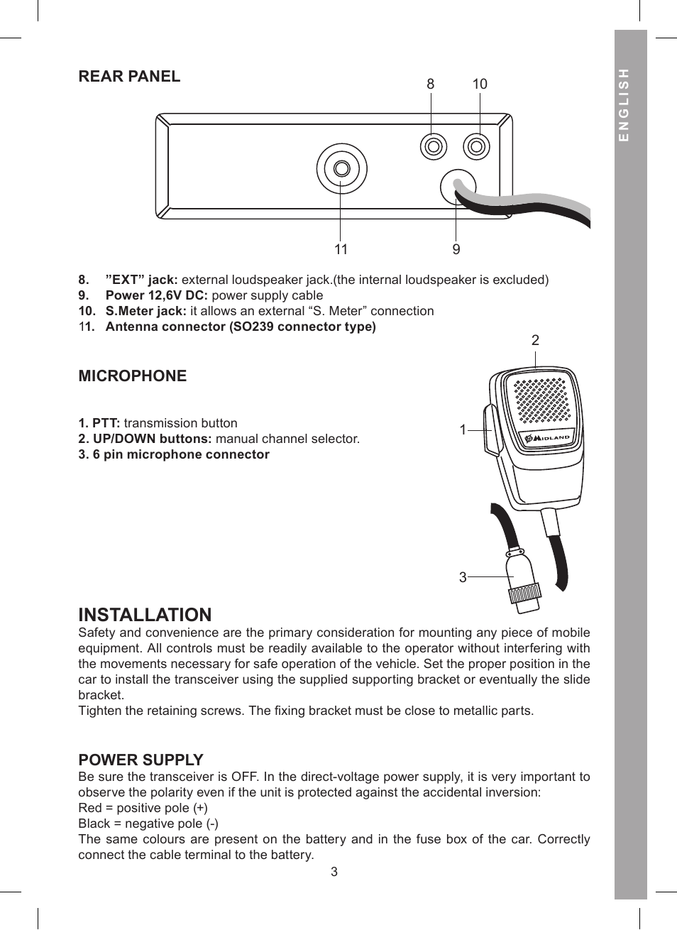 Installation, Rear panel, Microphone | Power supply | MIDLAND Alan 121 User Manual | Page 9 / 48