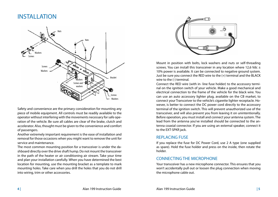 Installation, Replacing fuse, Connecting the microphone | MIDLAND Alan 199 User Manual | Page 11 / 34