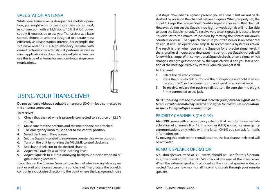 Base station antennas, Using your transceiver, Priority channels (ch 9-19) | Remote speaker operation | MIDLAND Alan 199 User Manual | Page 13 / 34