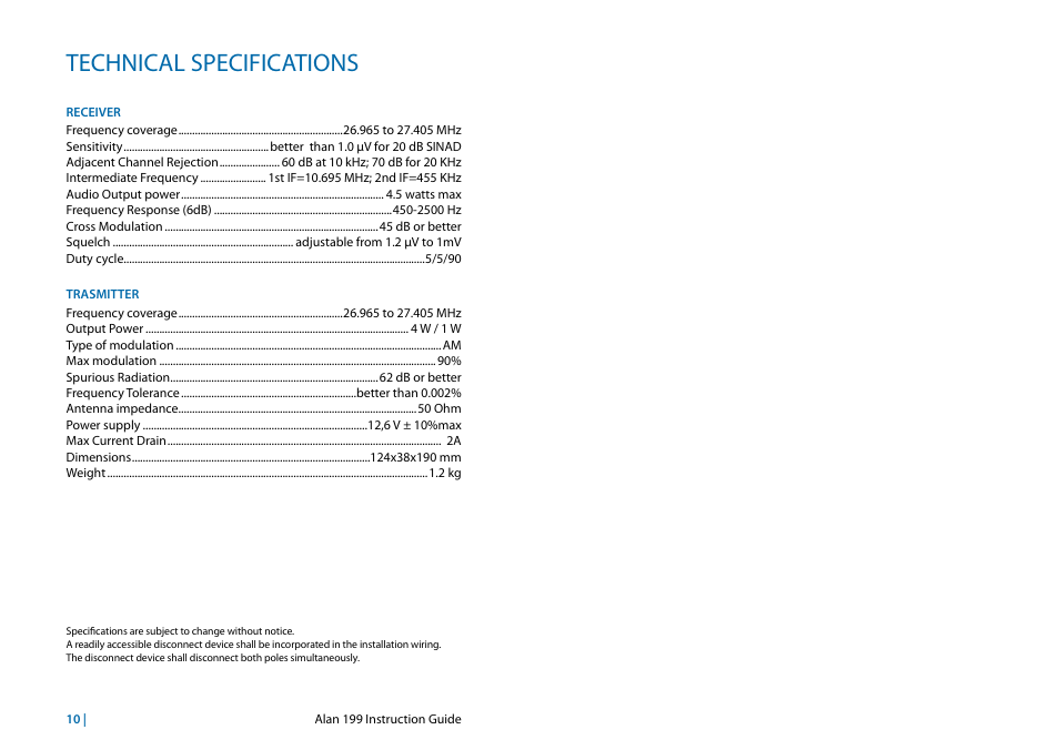 Technical specifications | MIDLAND Alan 199 User Manual | Page 14 / 34