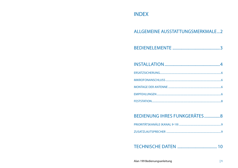 Deutsch, Index, Bedienung ihres funkgerätes | Technische daten | MIDLAND Alan 199 User Manual | Page 15 / 34