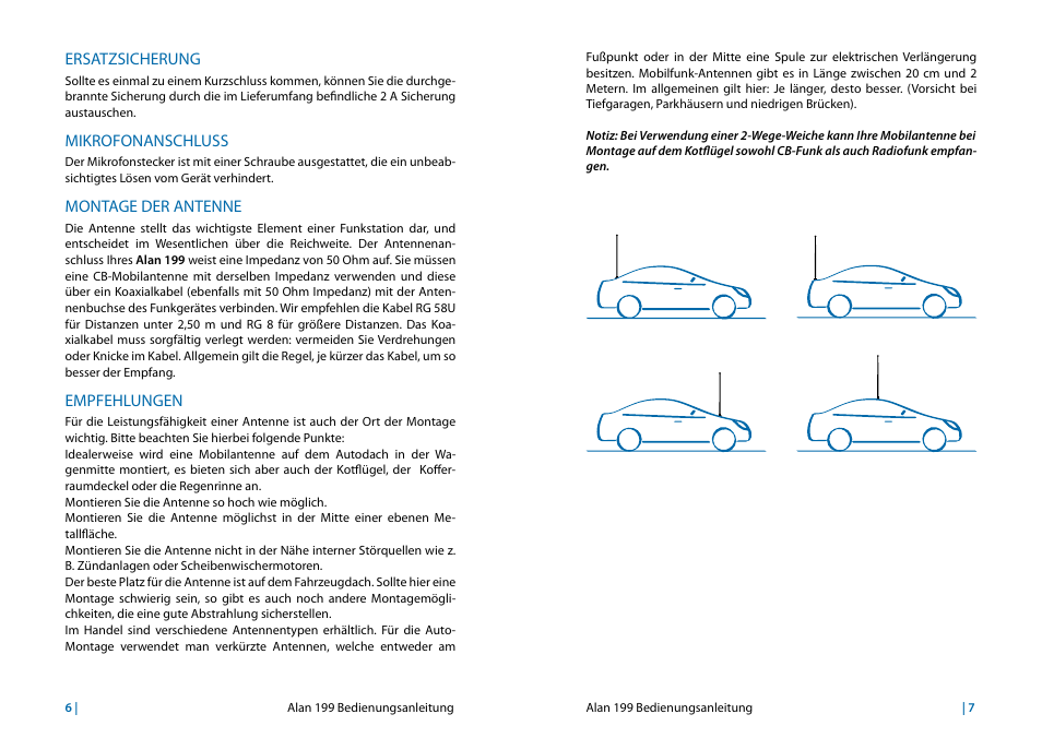 Ersatzsicherung, Mikrofonanschluss, Montage der antenne | Empfehlungen | MIDLAND Alan 199 User Manual | Page 18 / 34