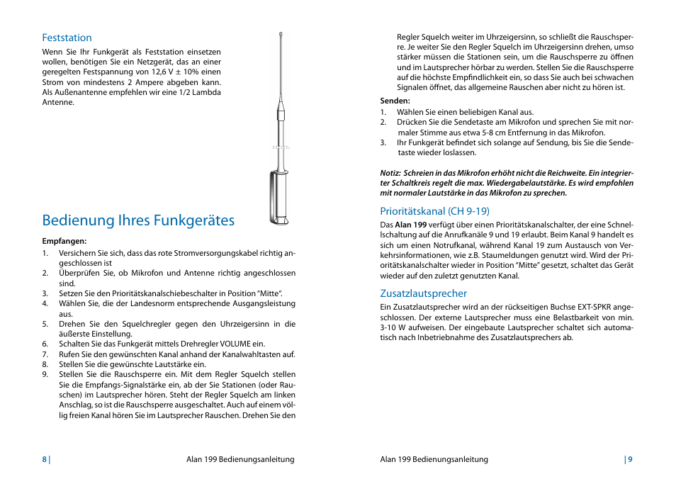 Feststation, Bedienung ihres funkgerätes, Prioritätskanäle (kanal 9-19) | Zusatzlautsprecher | MIDLAND Alan 199 User Manual | Page 19 / 34