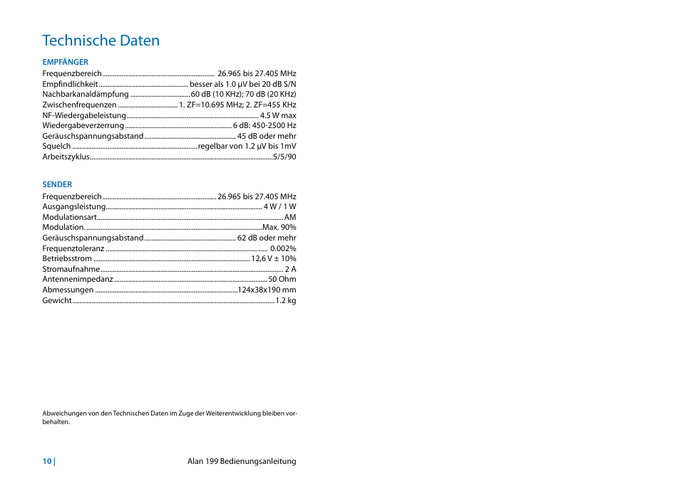 Technische daten | MIDLAND Alan 199 User Manual | Page 20 / 34