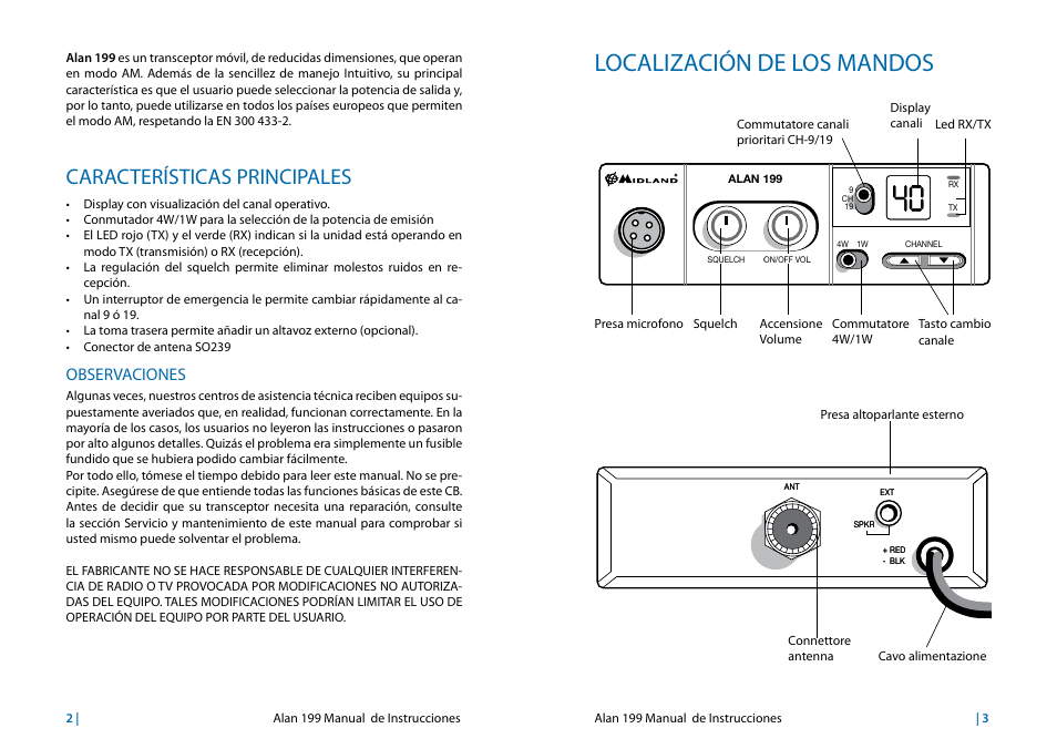 Características principales, Observaciones 2, Localizacíon de los mandos | Localización de los mandos, Observaciones | MIDLAND Alan 199 User Manual | Page 22 / 34