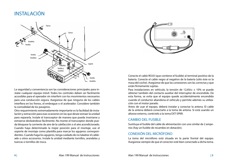 Instalación, Cambio del fusible, Conexión del micrófono | MIDLAND Alan 199 User Manual | Page 23 / 34