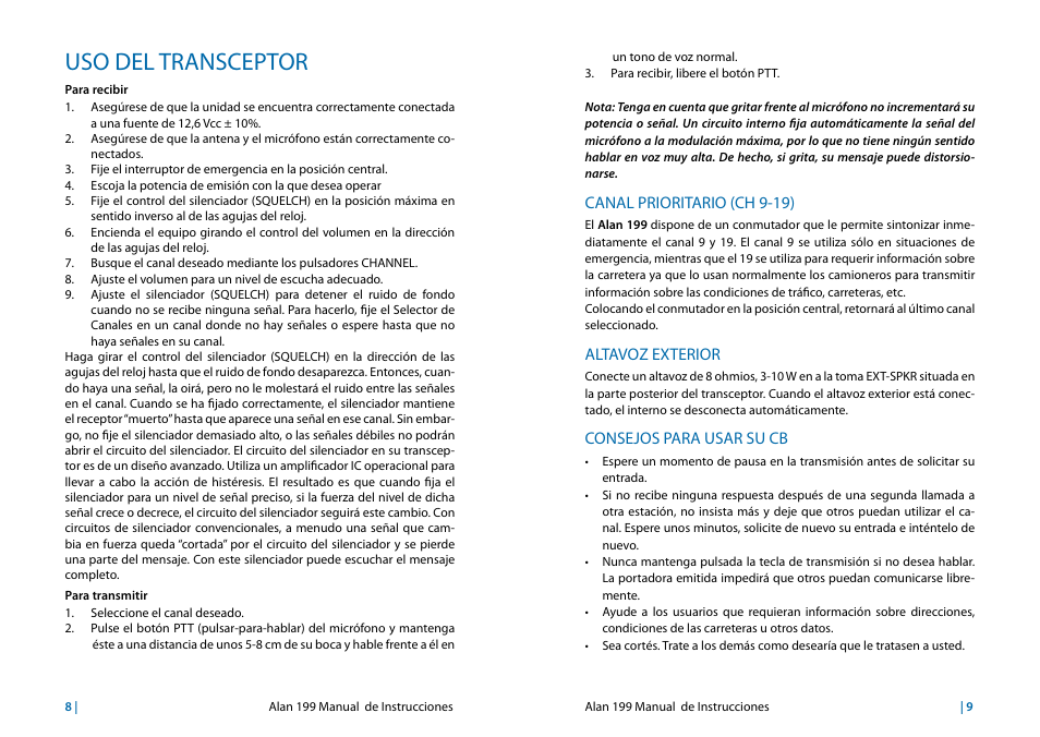 Uso del transceptor, Canal prioritario, Altavoz exterior | Consejos para usar su cb | MIDLAND Alan 199 User Manual | Page 25 / 34