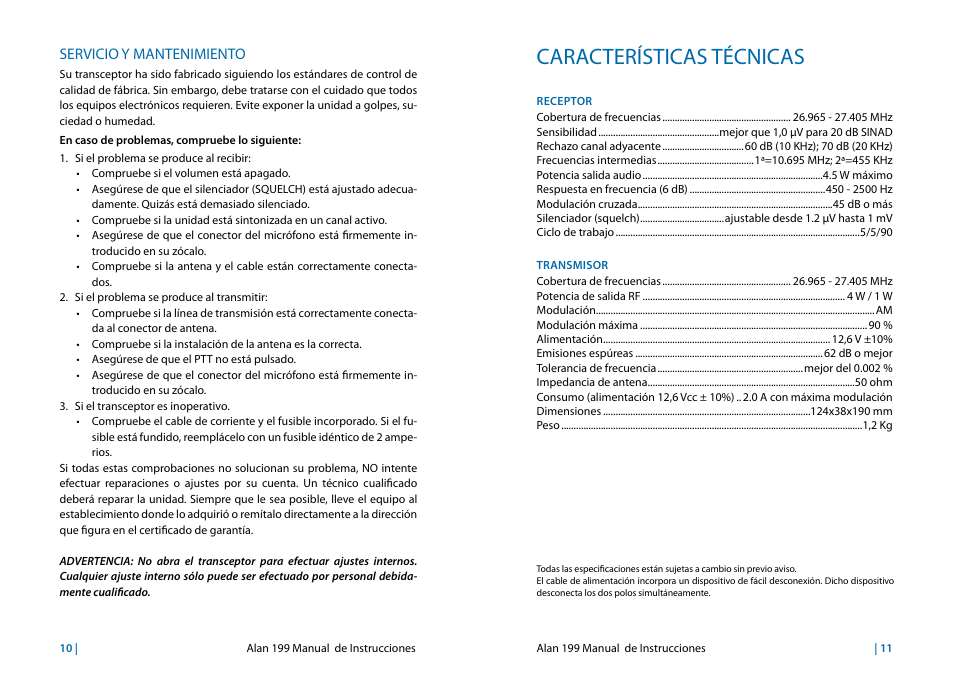 Servicio y mantenimiento, Características técnicas | MIDLAND Alan 199 User Manual | Page 26 / 34