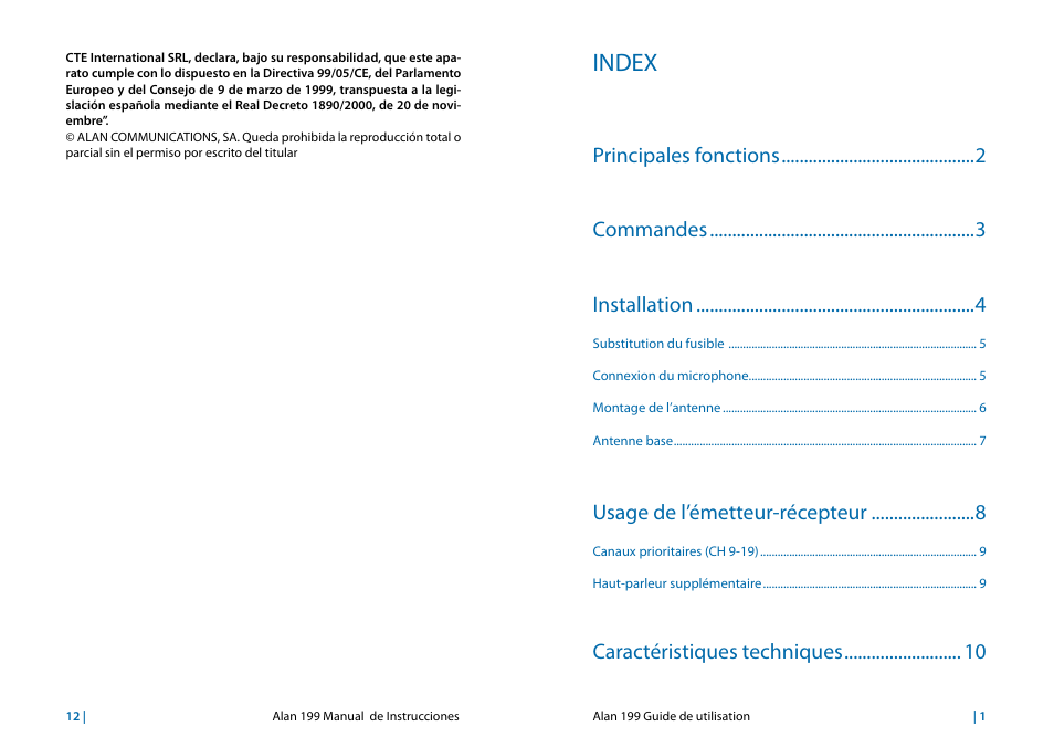 Français, Index, Principales fonctions commandes installation | Usage de l’émetteur-récepteur, Caractéristiques techniques | MIDLAND Alan 199 User Manual | Page 27 / 34