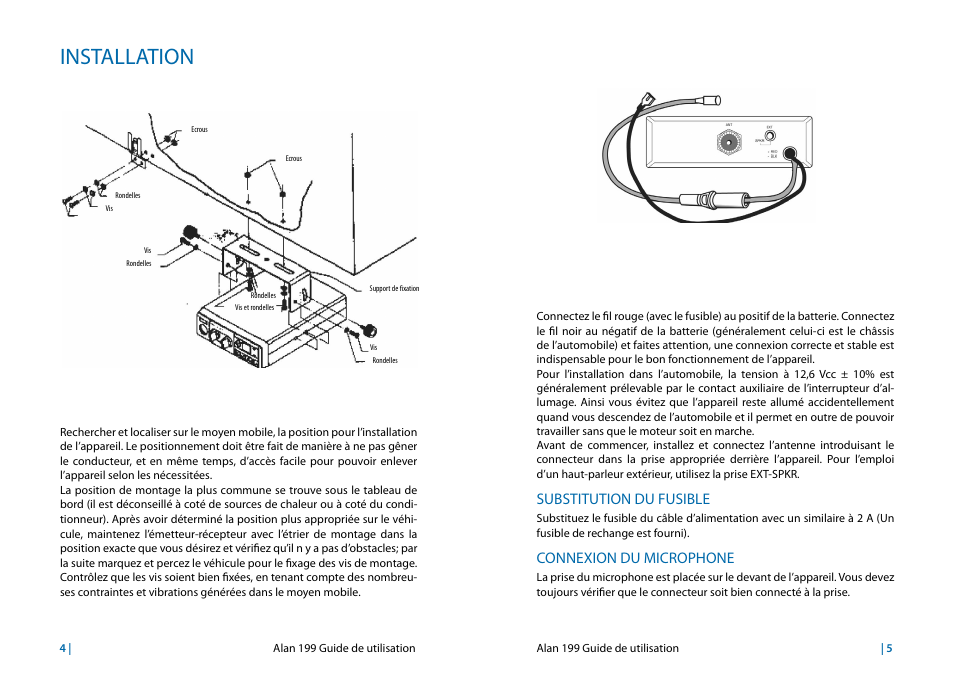 Installation, Substitution du fusible, Connexion du microphone | MIDLAND Alan 199 User Manual | Page 29 / 34