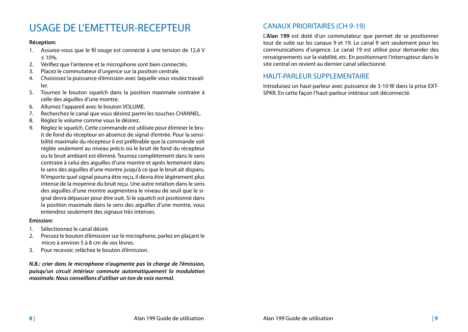 Usage de l’émetteur-récepteur, Canaux prioritaires (ch 9-19), Haut-parleur supplémentaire | Usage de l’emetteur-recepteur | MIDLAND Alan 199 User Manual | Page 31 / 34