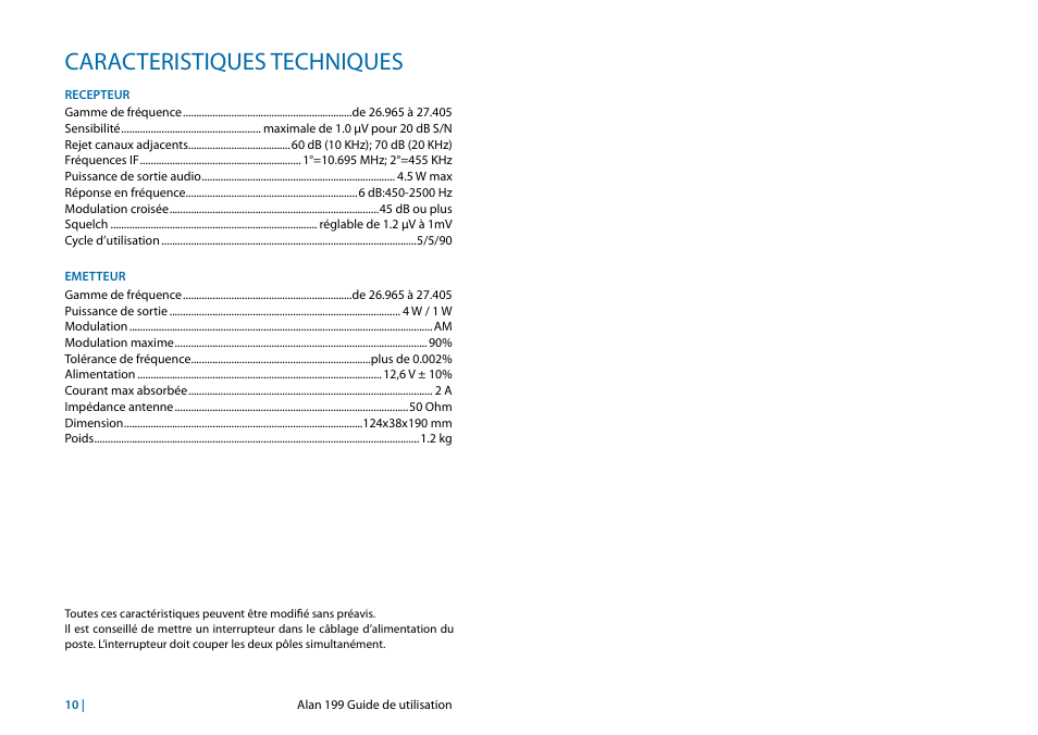 Caractéristiques techniques, Caracteristiques techniques | MIDLAND Alan 199 User Manual | Page 32 / 34