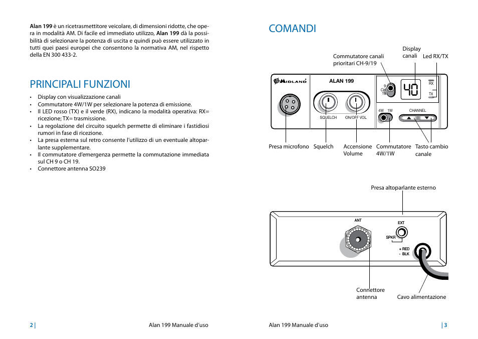 Principali funzioni, Comandi | MIDLAND Alan 199 User Manual | Page 4 / 34