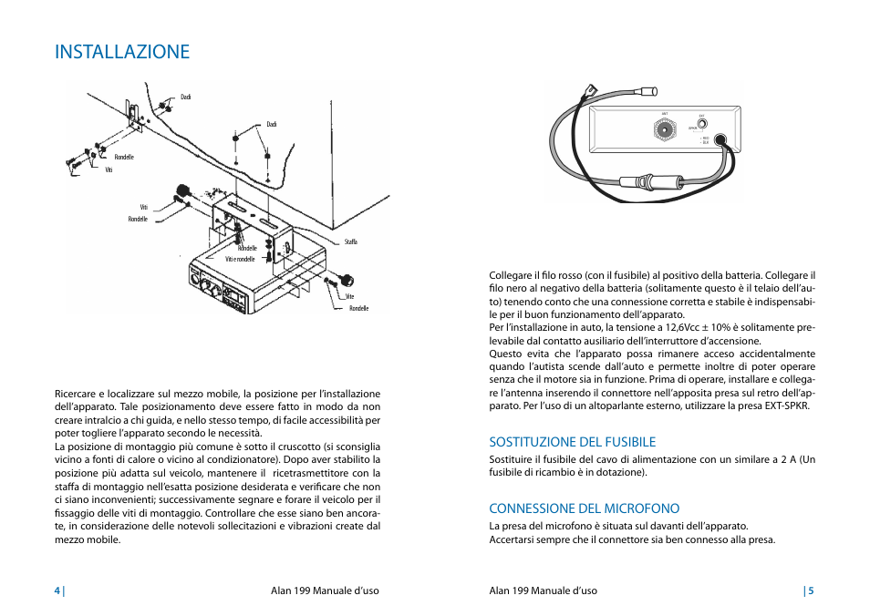 Installazione, Sostituzione del fusibile, Connessione del microfono | MIDLAND Alan 199 User Manual | Page 5 / 34