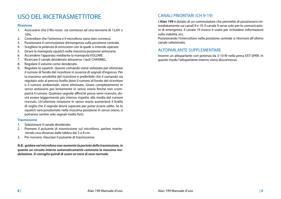 Uso del ricetrasmettitore, Canali prioritari (ch 9-19), Altoparlante supplementare | MIDLAND Alan 199 User Manual | Page 7 / 34