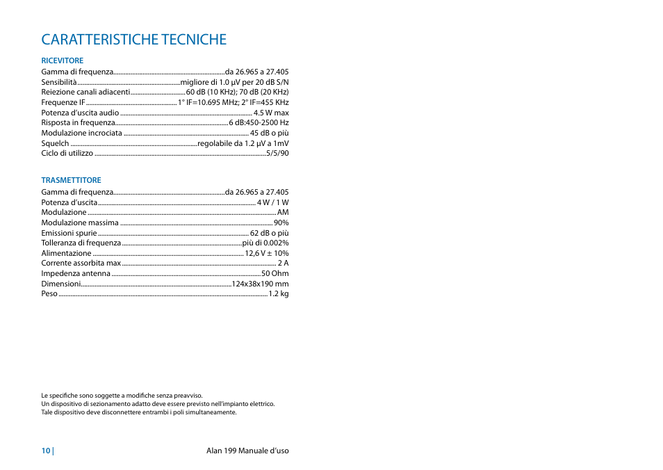 Caratteristiche tecniche | MIDLAND Alan 199 User Manual | Page 8 / 34