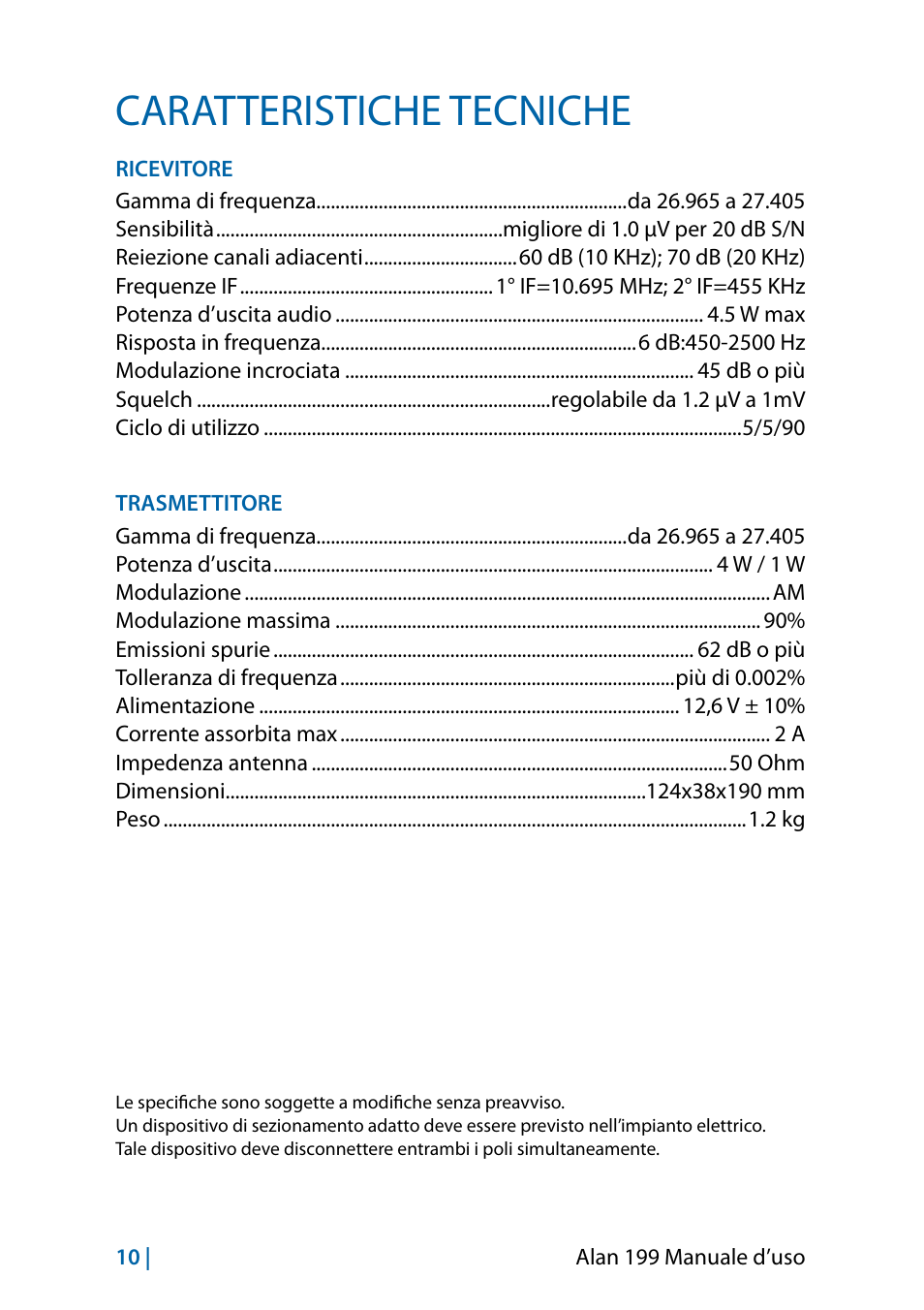 Caratteristiche tecniche | MIDLAND Alan 199-A User Manual | Page 13 / 66