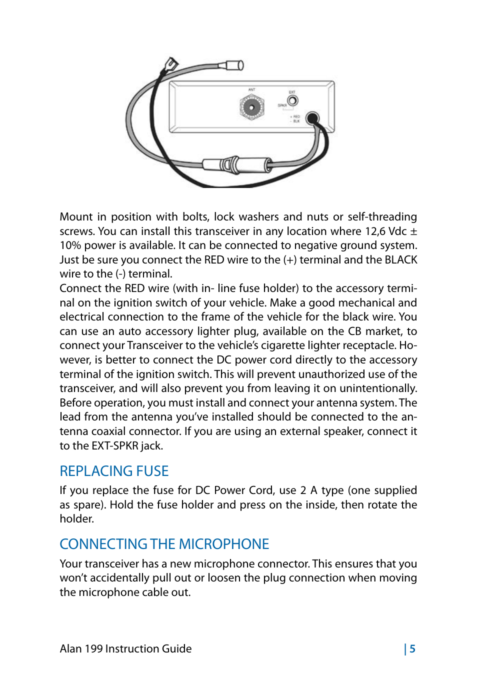 Replacing fuse, Connecting the microphone | MIDLAND Alan 199-A User Manual | Page 20 / 66