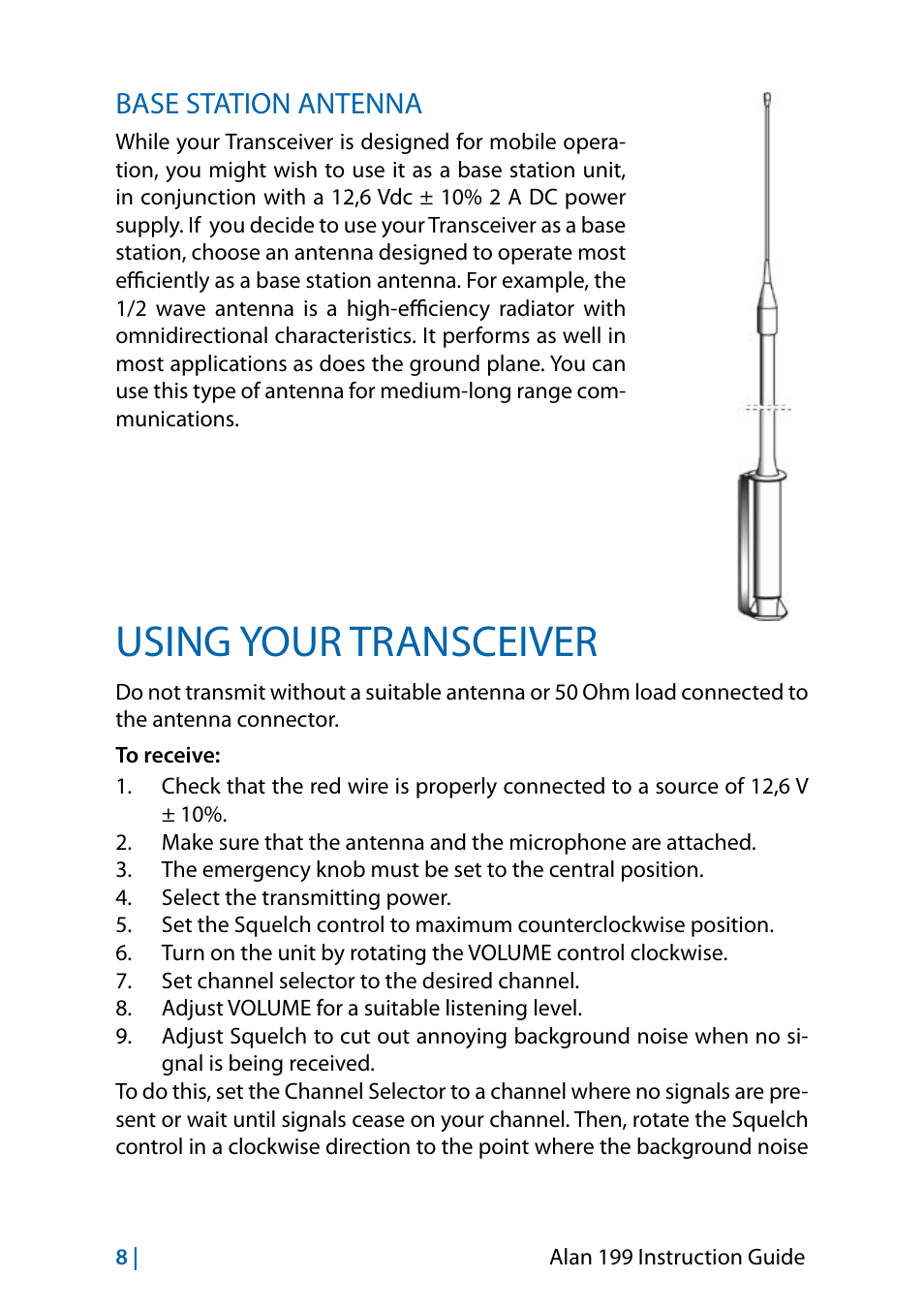 Base station antennas, Using your transceiver, Base station antenna | MIDLAND Alan 199-A User Manual | Page 23 / 66