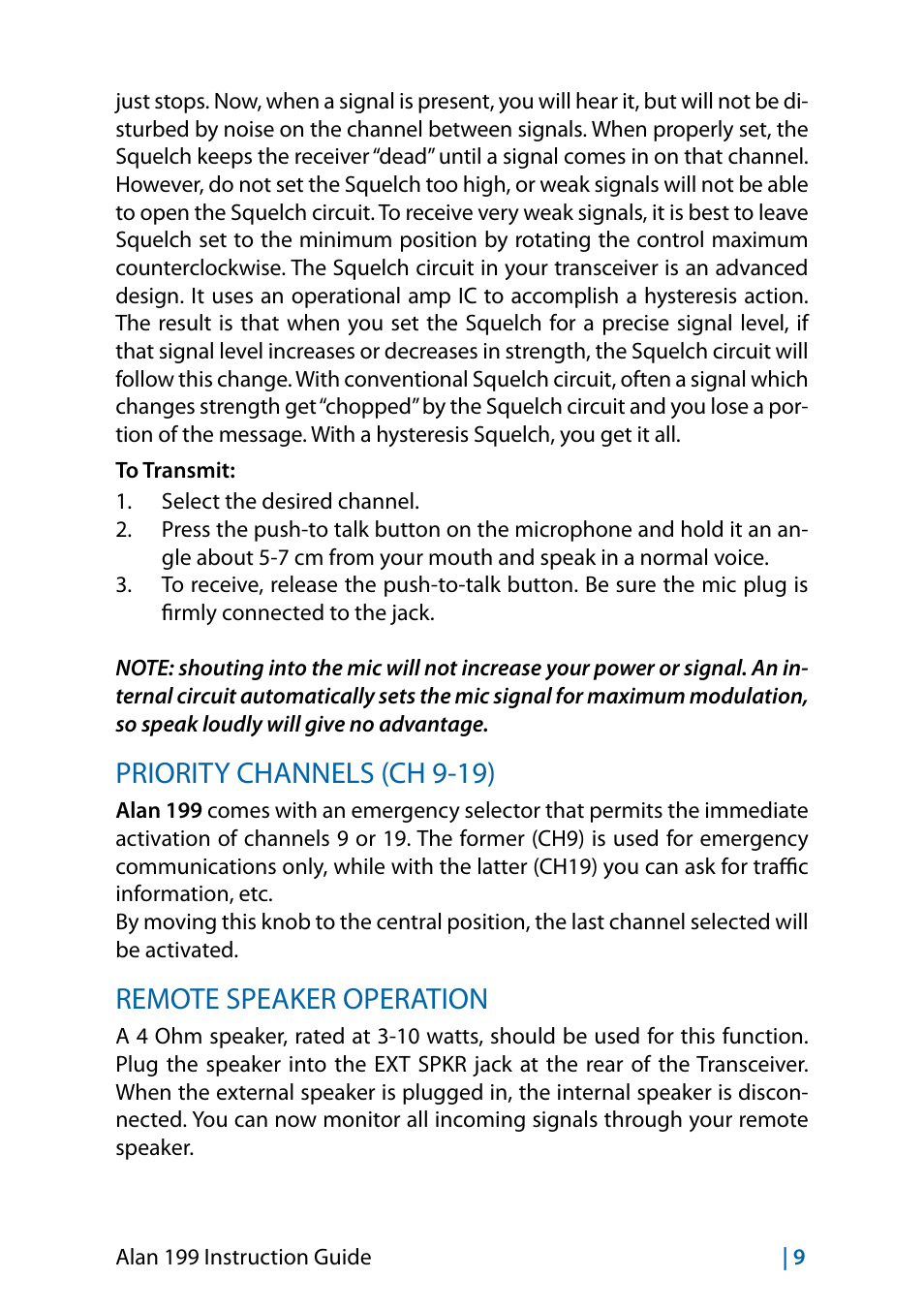 Priority channels (ch 9-19), Remote speaker operation | MIDLAND Alan 199-A User Manual | Page 24 / 66